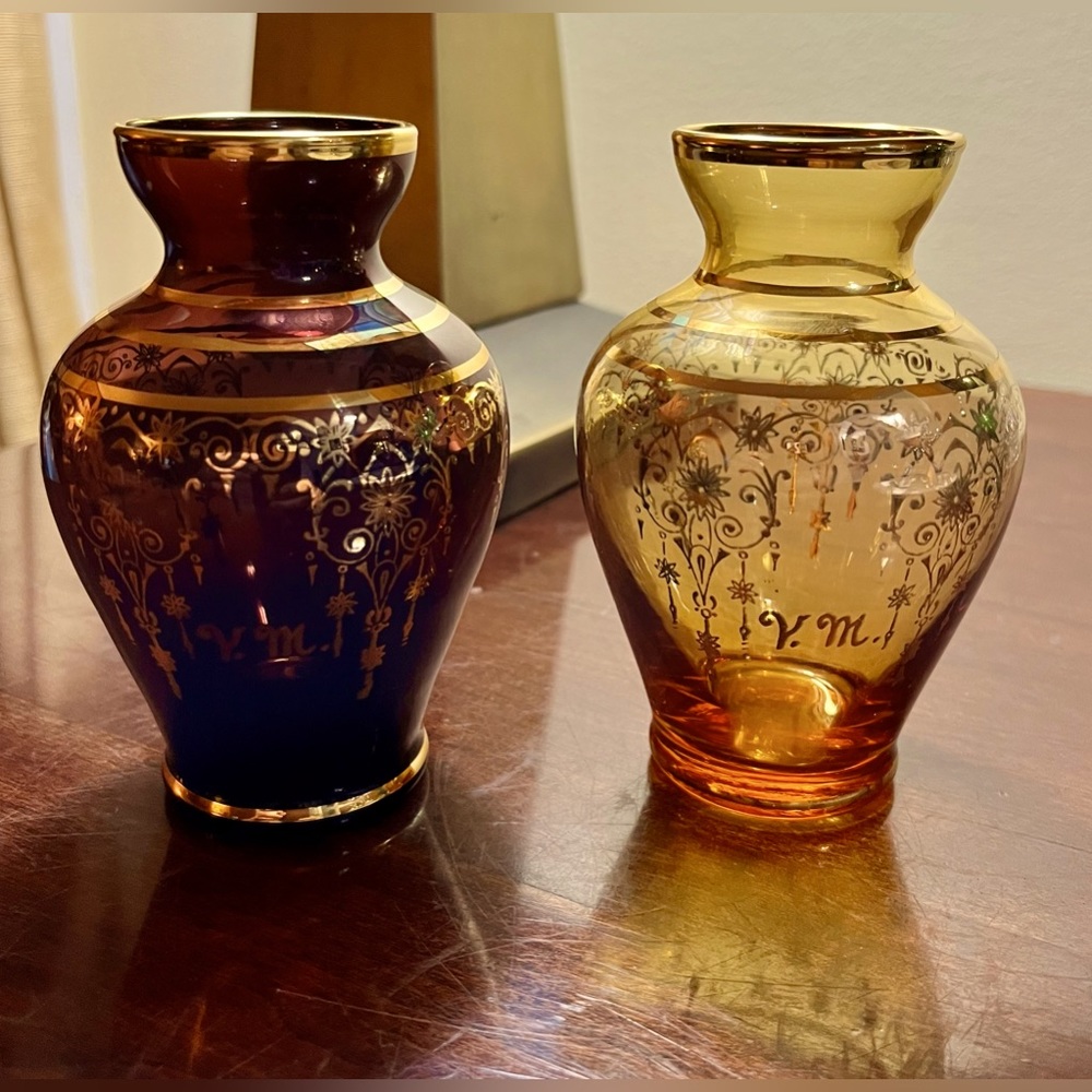 2 VTG Vecchia Murano Italian Vases  Amethyst Purple & Golden Amber w/ 24k Gold